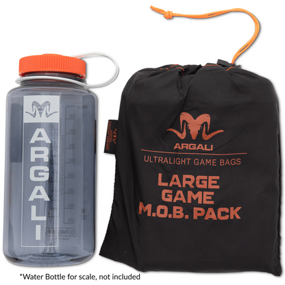 Black ultralight game bag with orange text and a clear water bottle for scale on a white background